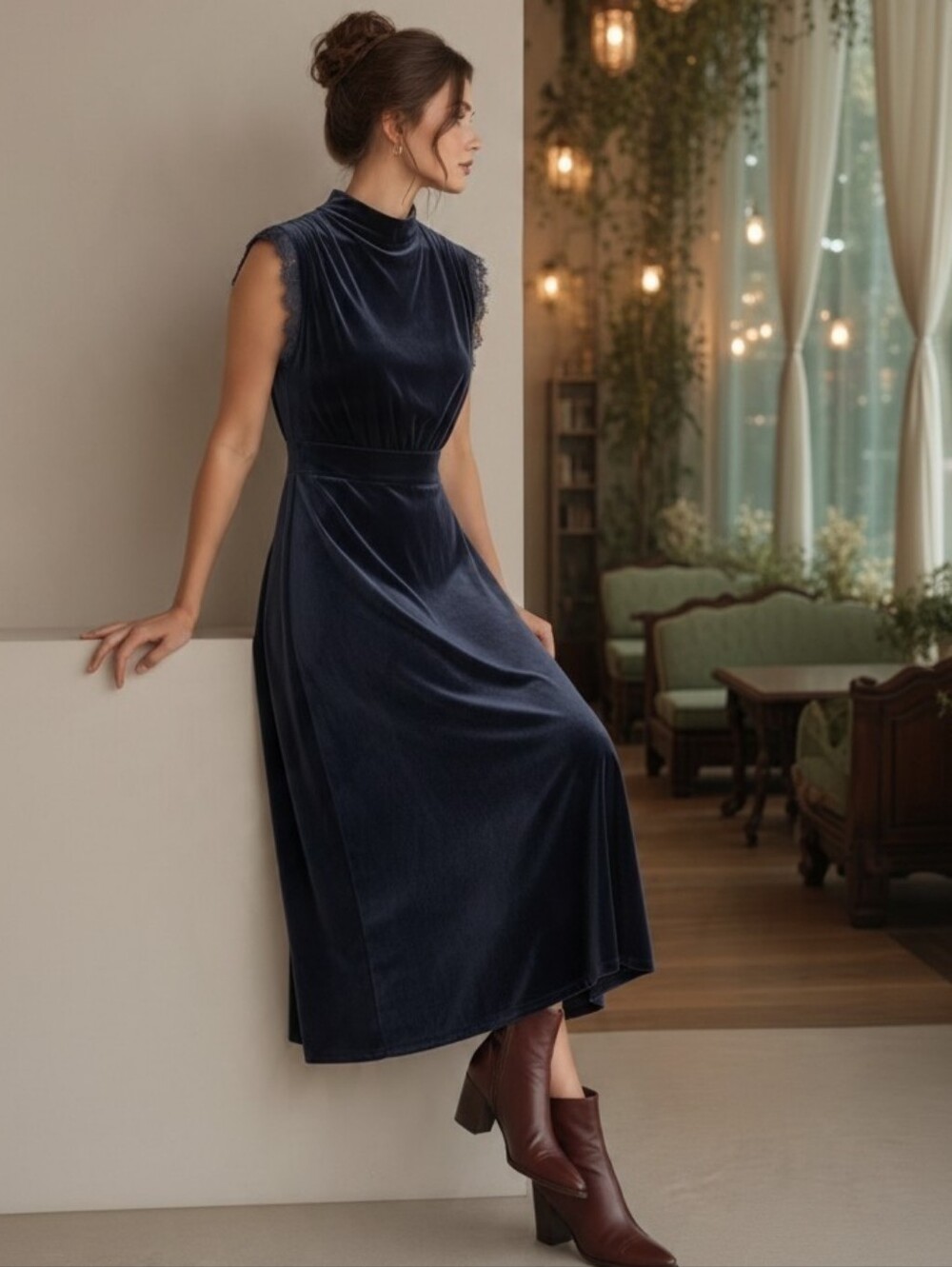 AZALEA Elegant Velvet Midi Dress in Midnight Blue Made in Turkey